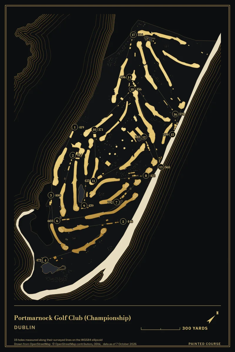 Portmarnock Golf Club (Championship), Dublin, Ireland, drawn in the Gilt style from its OpenStreetMap survey: 18 holes, each numbered at its tee with its measured yards beside it.