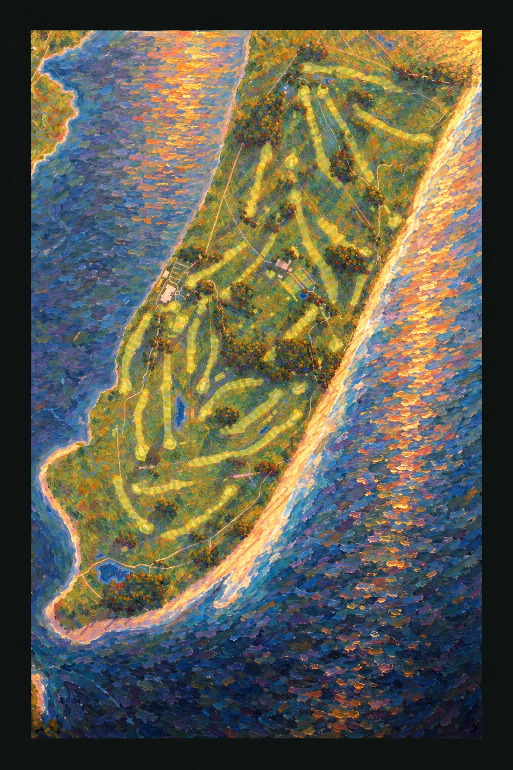 Portmarnock Golf Club (Championship), Dublin, Ireland, seen from above and painted in the Impressionist manner after Claude Monet: the routing of its 18 holes, its greens and its bunkers, in paint.