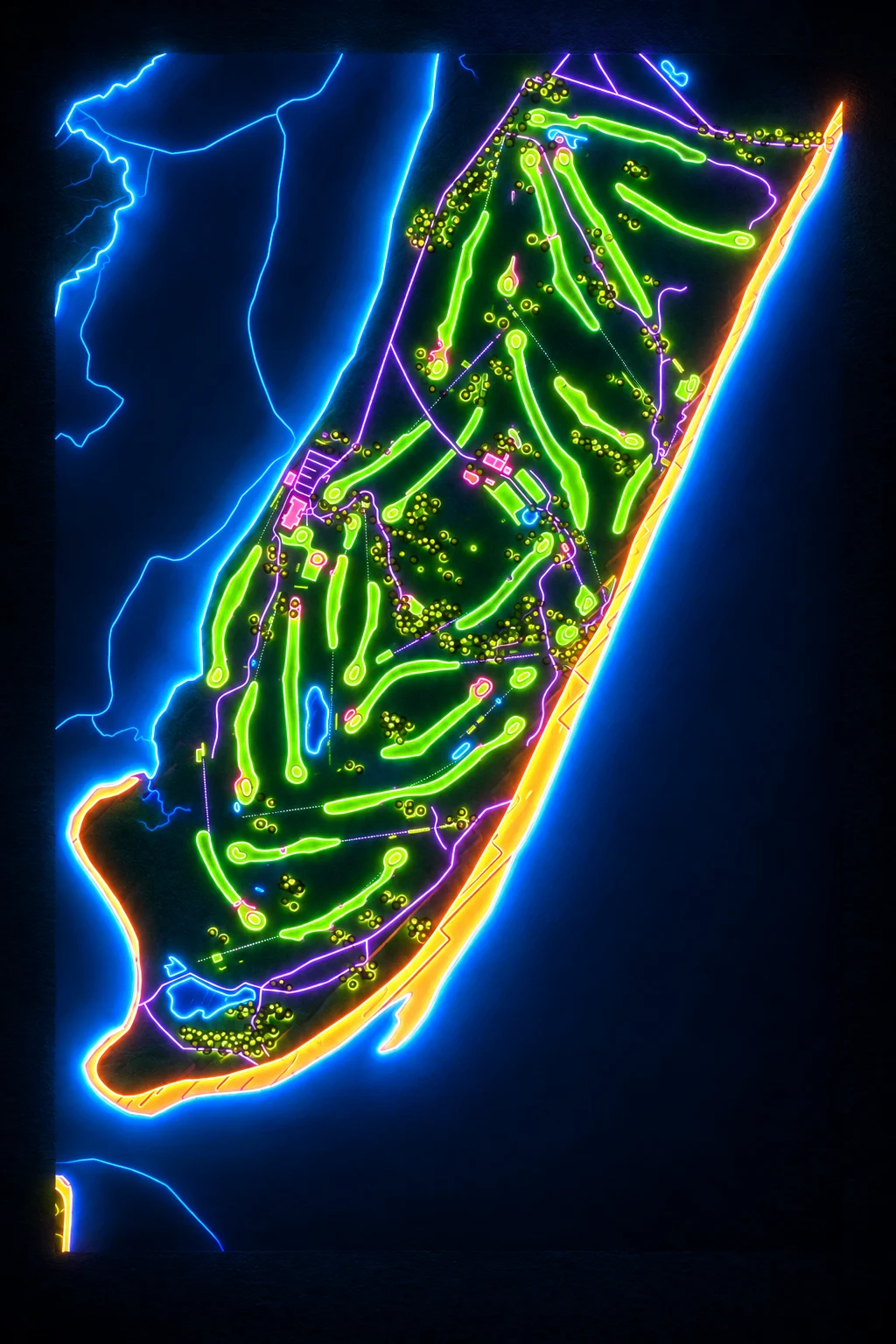 Portmarnock Golf Club (Championship), Dublin, Ireland, seen from above and painted in the Neon manner: the routing of its 18 holes, its greens and its bunkers, in paint.