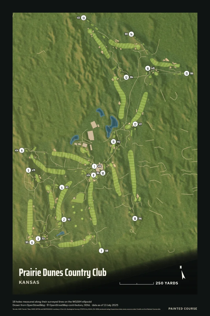 Prairie Dunes Country Club, Kansas, USA, drawn in the Aerial style from its OpenStreetMap survey: 18 holes, each numbered at its tee with its measured yards beside it.