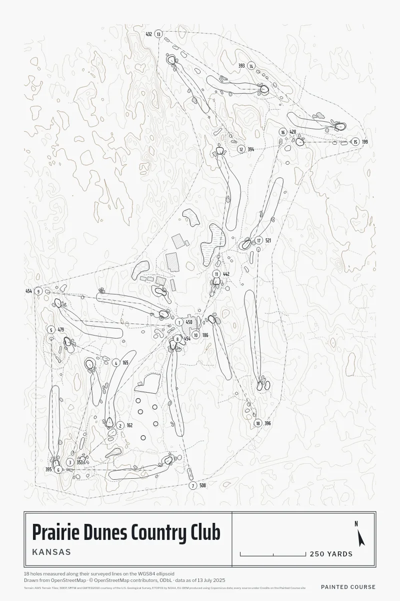 Prairie Dunes Country Club, Kansas, USA, drawn in the Architect style from its OpenStreetMap survey: 18 holes, each numbered at its tee with its measured yards beside it.