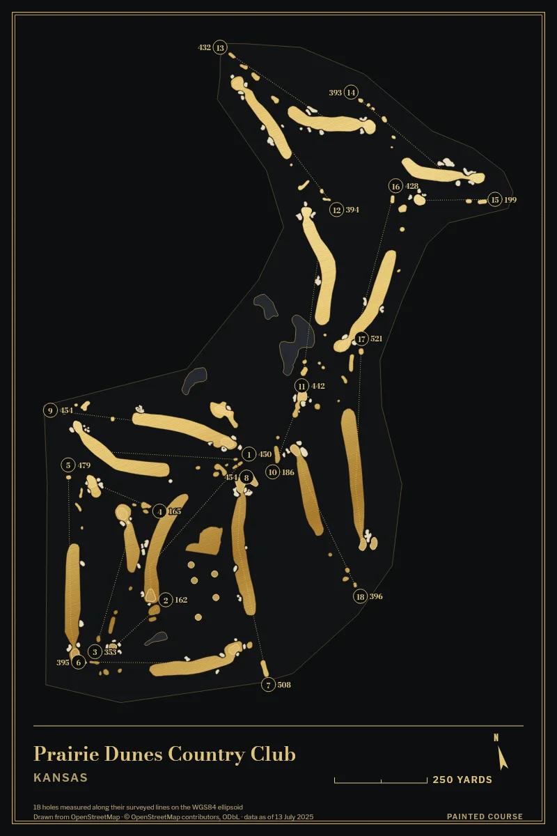 Prairie Dunes Country Club, Kansas, USA, drawn in the Gilt style from its OpenStreetMap survey: 18 holes, each numbered at its tee with its measured yards beside it.