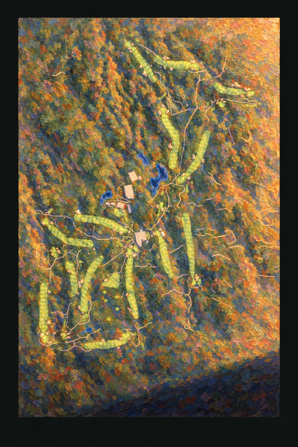 Prairie Dunes Country Club, Kansas, USA, seen from above and painted in the Impressionist manner after Claude Monet: the routing of its 18 holes, its greens and its bunkers, in paint.
