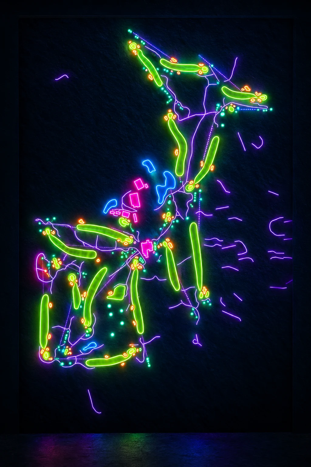 Prairie Dunes Country Club, Kansas, USA, seen from above and painted in the Neon manner: the routing of its 18 holes, its greens and its bunkers, in paint.