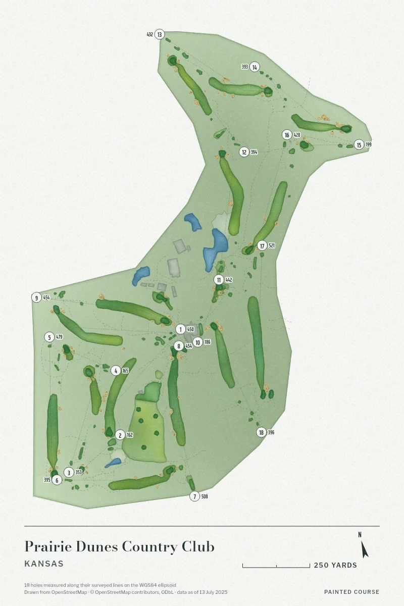Prairie Dunes Country Club, Kansas, USA, drawn in the Watercolour style from its OpenStreetMap survey: 18 holes, each numbered at its tee with its measured yards beside it.