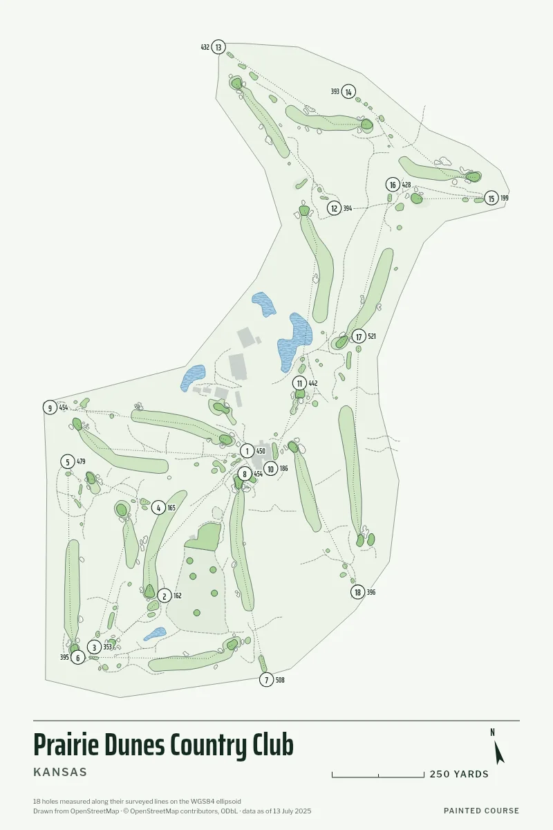 Prairie Dunes Country Club, Kansas, USA, drawn in the Yardage style from its OpenStreetMap survey: 18 holes, each numbered at its tee with its measured yards beside it.