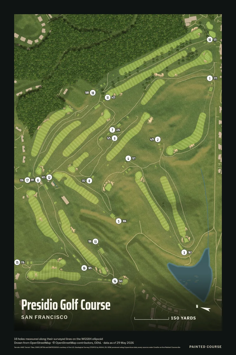 Presidio Golf Course, San Francisco, California, USA, drawn in the Aerial style from its OpenStreetMap survey: 18 holes, each numbered at its tee with its measured yards beside it.