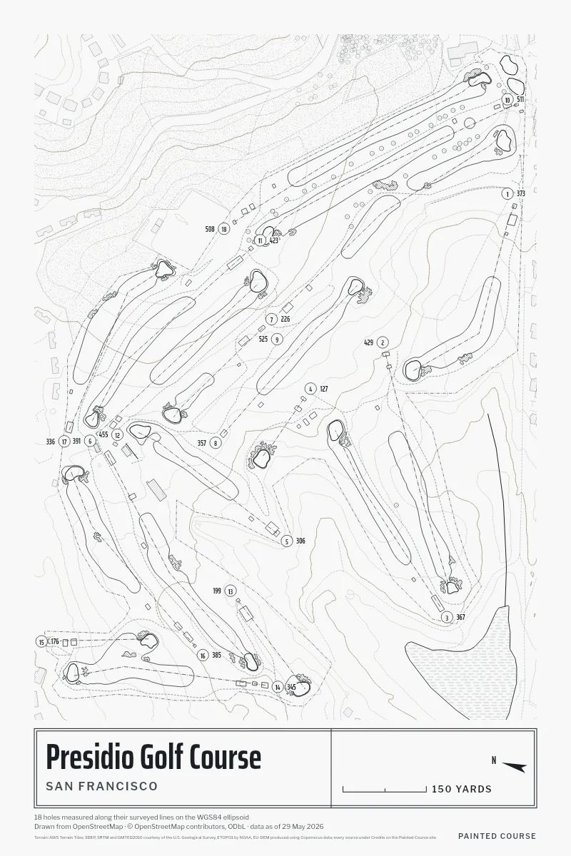 Presidio Golf Course, San Francisco, California, USA, drawn in the Architect style from its OpenStreetMap survey: 18 holes, each numbered at its tee with its measured yards beside it.