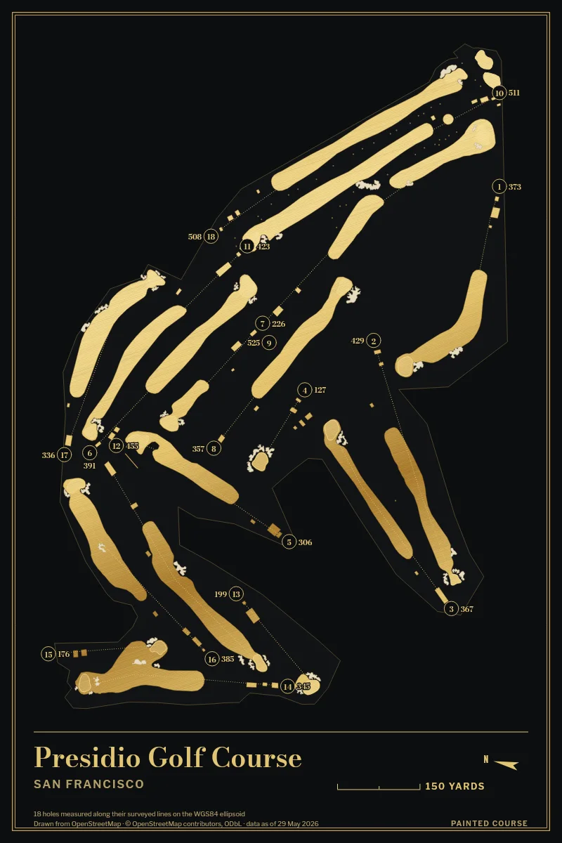 Presidio Golf Course, San Francisco, California, USA, drawn in the Gilt style from its OpenStreetMap survey: 18 holes, each numbered at its tee with its measured yards beside it.
