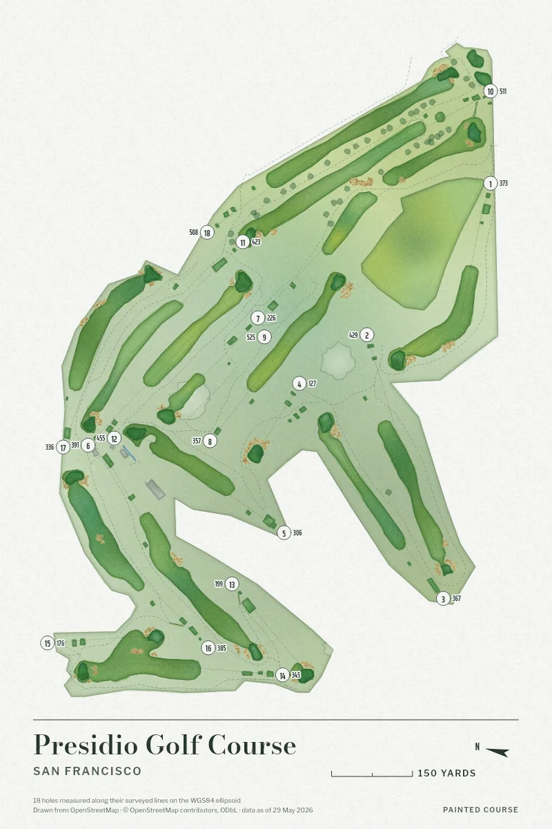 Presidio Golf Course, San Francisco, California, USA, drawn in the Watercolour style from its OpenStreetMap survey: 18 holes, each numbered at its tee with its measured yards beside it.