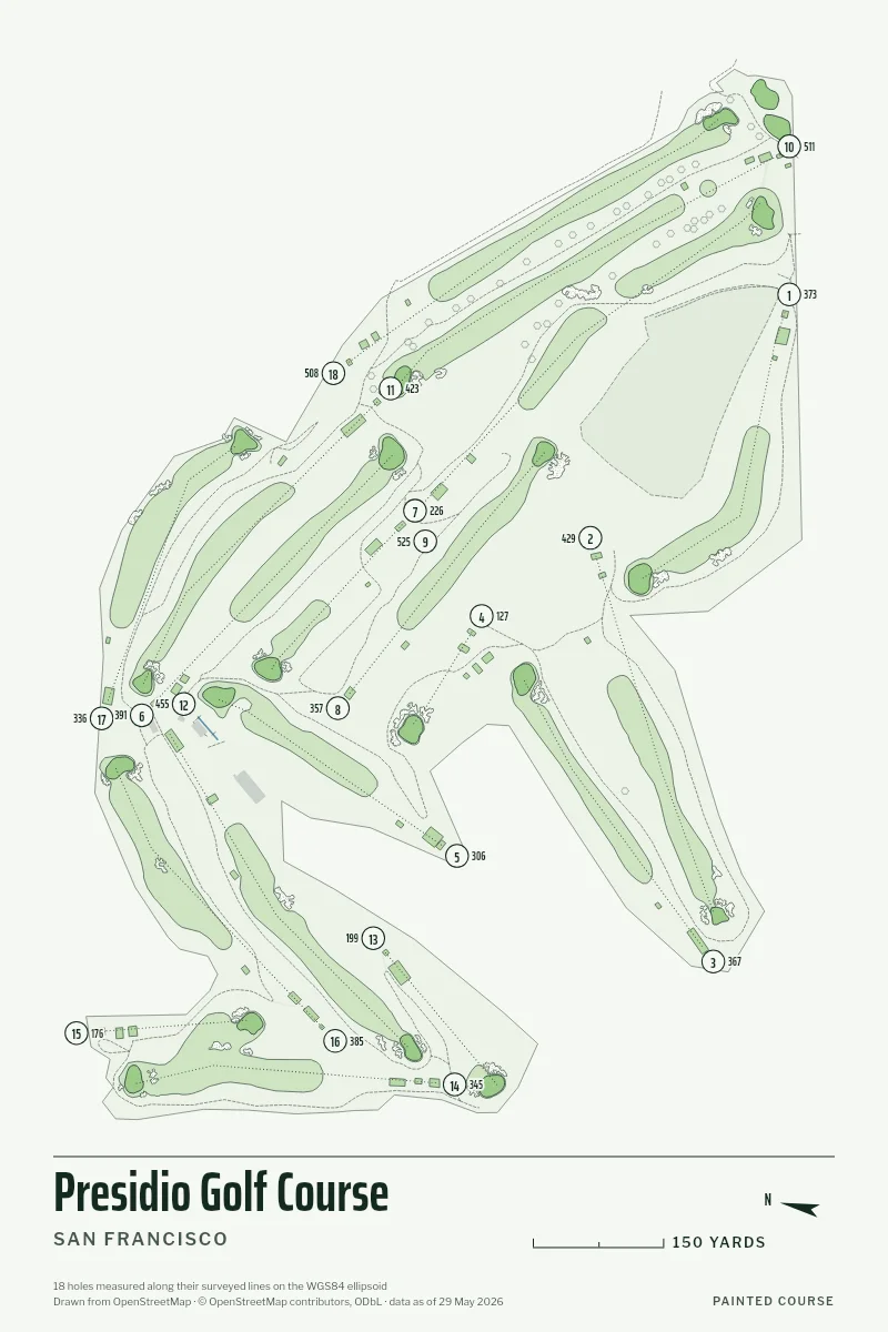 Presidio Golf Course, San Francisco, California, USA, drawn in the Yardage style from its OpenStreetMap survey: 18 holes, each numbered at its tee with its measured yards beside it.