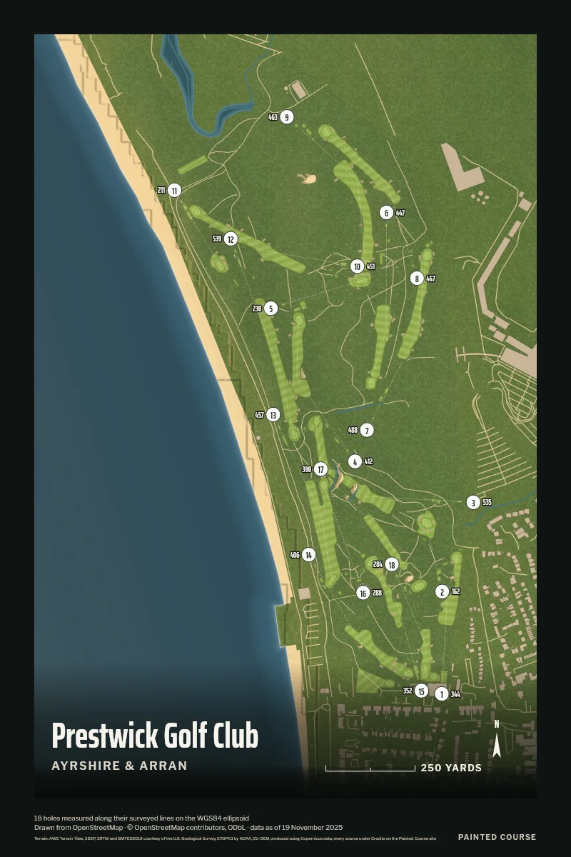 Prestwick Golf Club, Ayrshire & Arran, Scotland, drawn in the Aerial style from its OpenStreetMap survey: 18 holes, each numbered at its tee with its measured yards beside it.