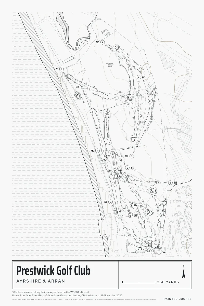 Prestwick Golf Club, Ayrshire & Arran, Scotland, drawn in the Architect style from its OpenStreetMap survey: 18 holes, each numbered at its tee with its measured yards beside it.