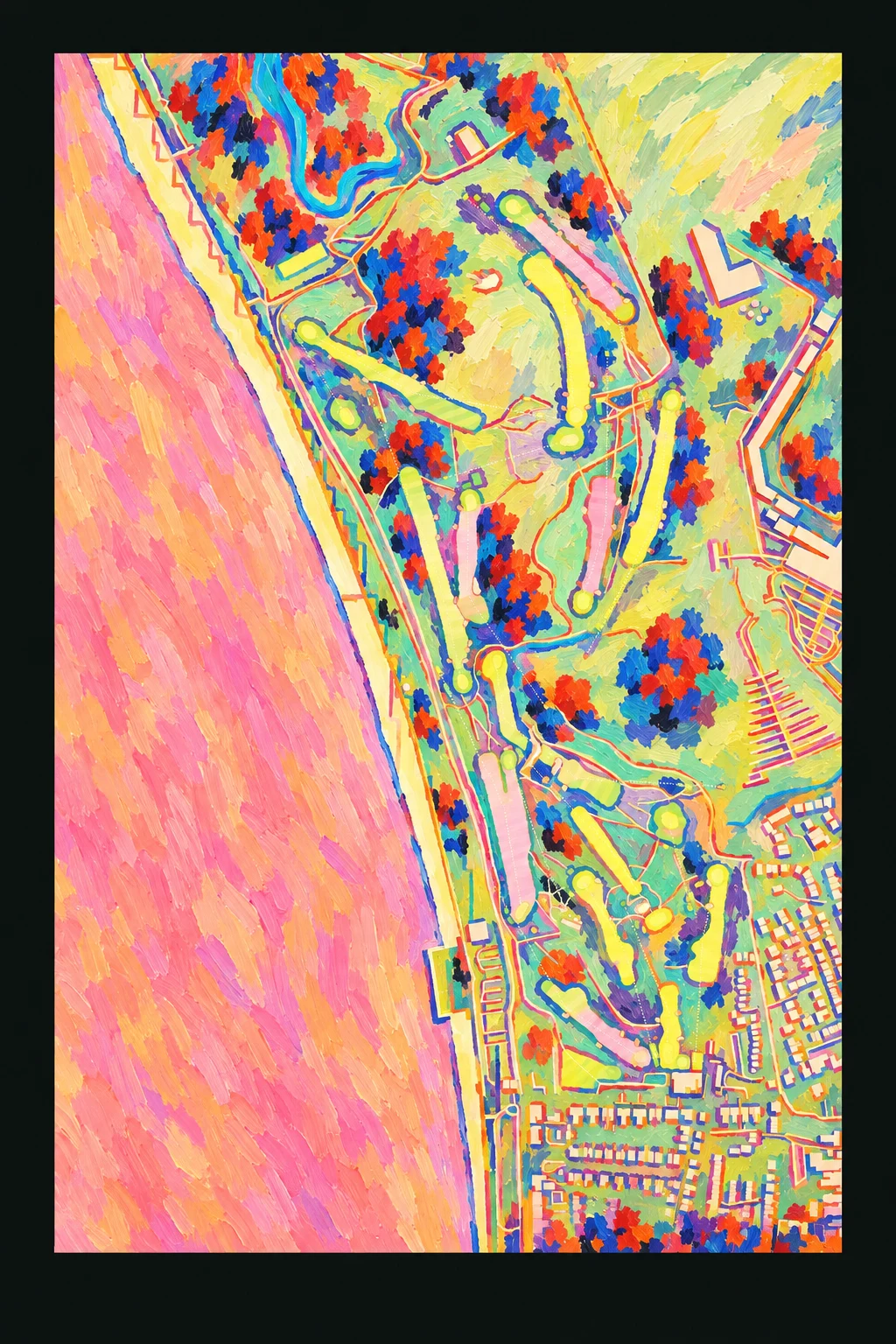 Prestwick Golf Club, Ayrshire & Arran, Scotland, seen from above and painted in the Fauve manner after the Fauves of 1905: the routing of its 18 holes, its greens and its bunkers, in paint.
