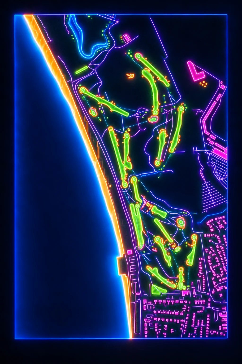 Prestwick Golf Club, Ayrshire & Arran, Scotland, seen from above and painted in the Neon manner: the routing of its 18 holes, its greens and its bunkers, in paint.