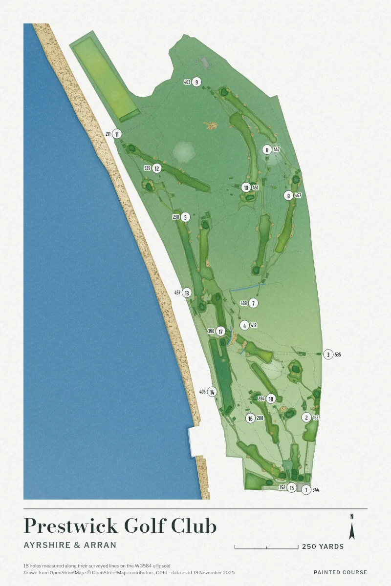 Prestwick Golf Club, Ayrshire & Arran, Scotland, drawn in the Watercolour style from its OpenStreetMap survey: 18 holes, each numbered at its tee with its measured yards beside it.