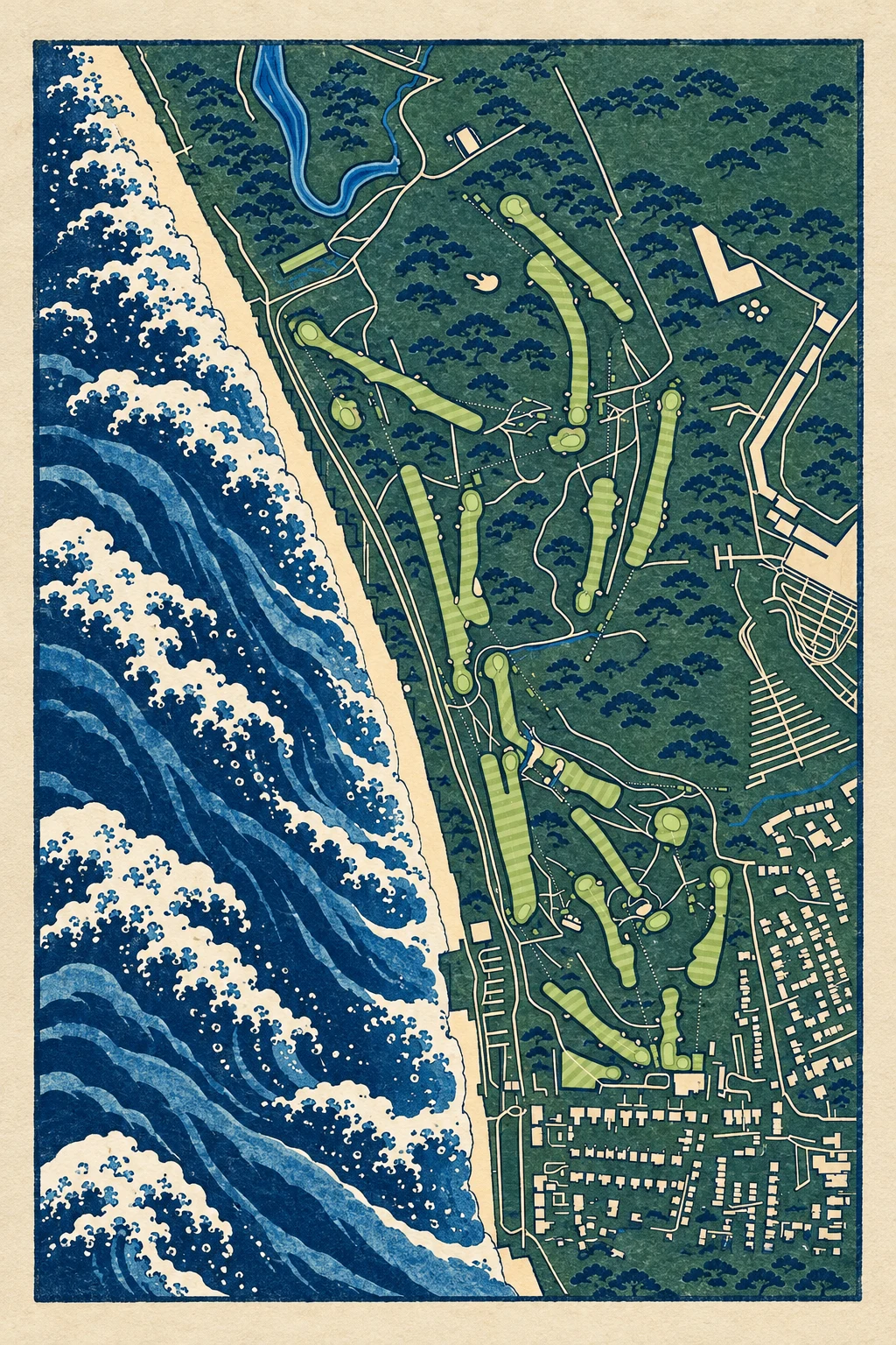 Prestwick Golf Club, Ayrshire & Arran, Scotland, seen from above and painted in the Woodblock manner after Katsushika Hokusai: the routing of its 18 holes, its greens and its bunkers, in paint.