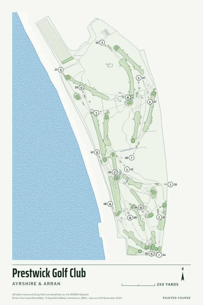 Prestwick Golf Club, Ayrshire & Arran, Scotland, drawn in the Yardage style from its OpenStreetMap survey: 18 holes, each numbered at its tee with its measured yards beside it.