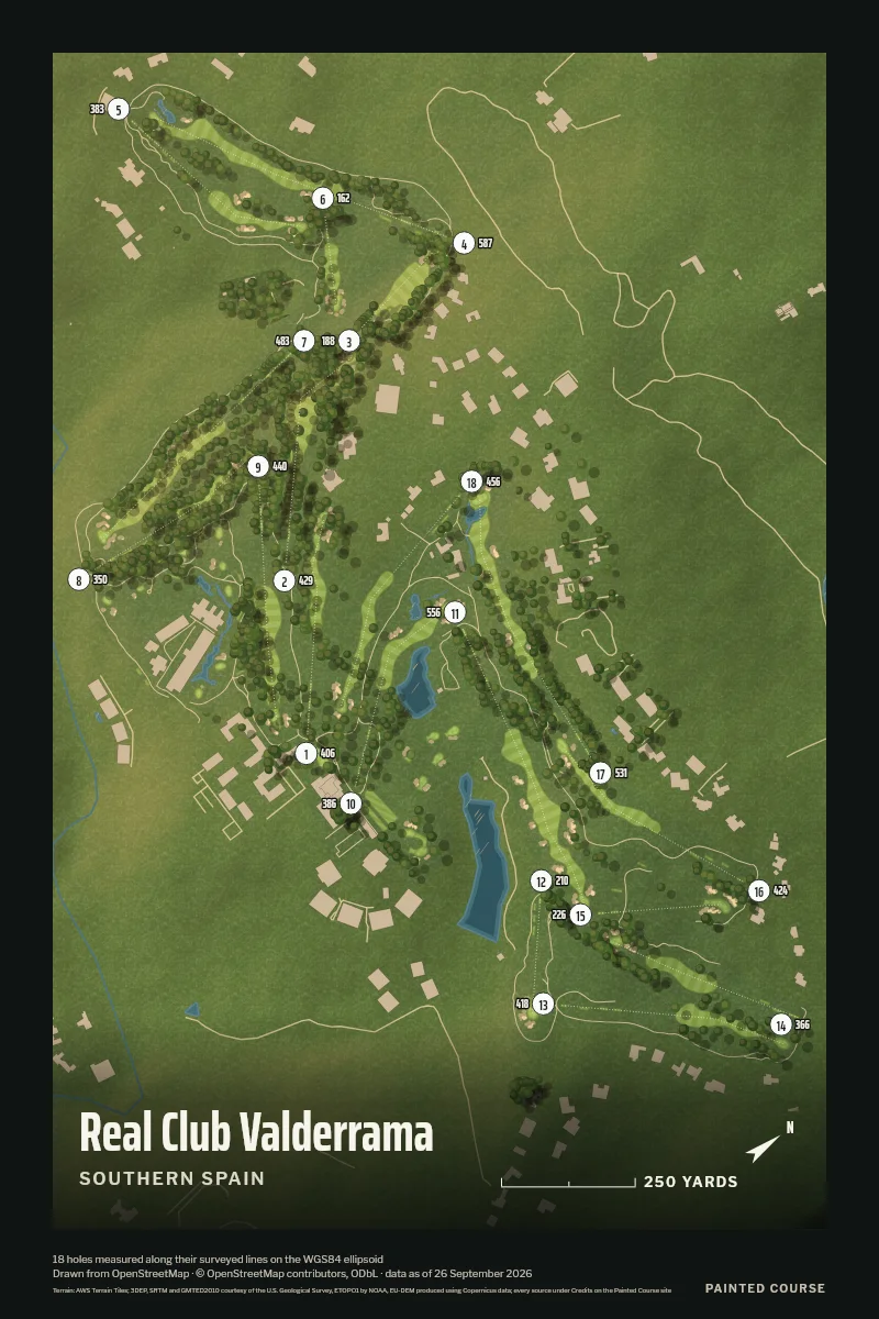 Real Club Valderrama, Southern Spain, Spain, drawn in the Aerial style from its OpenStreetMap survey: 18 holes, each numbered at its tee with its measured yards beside it.