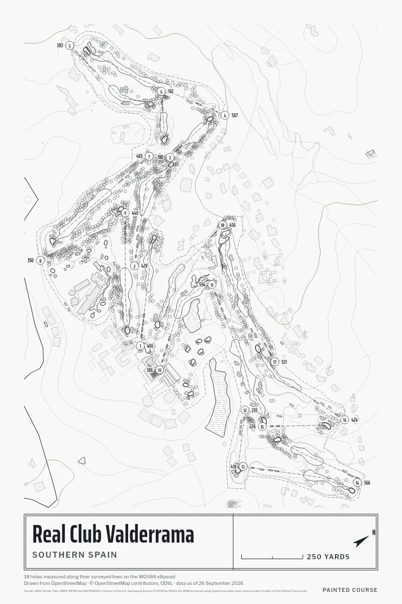Real Club Valderrama, Southern Spain, Spain, drawn in the Architect style from its OpenStreetMap survey: 18 holes, each numbered at its tee with its measured yards beside it.
