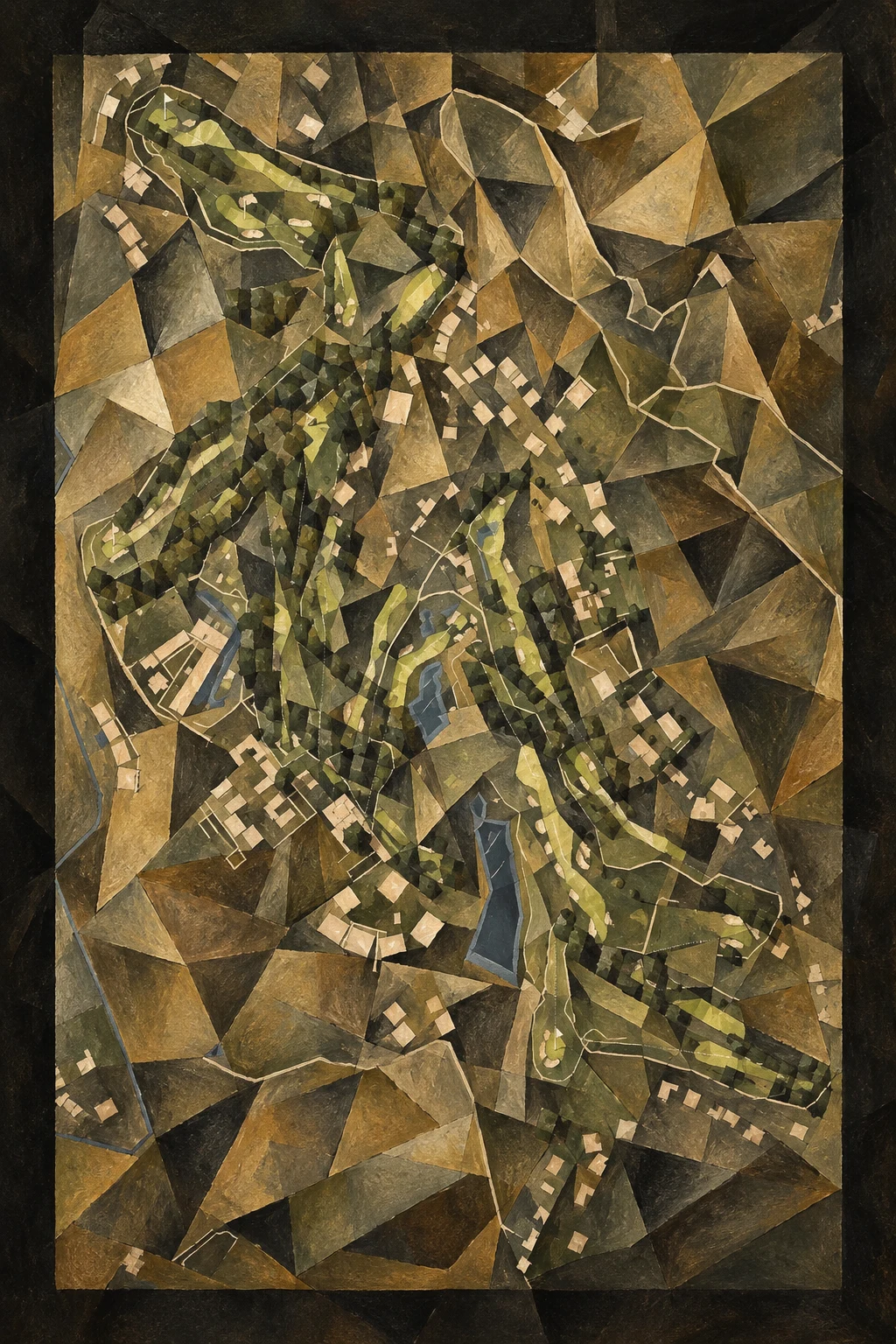 Real Club Valderrama, Southern Spain, Spain, seen from above and painted in the Cubist manner after Picasso and Braque: the routing of its 18 holes, its greens and its bunkers, in paint.