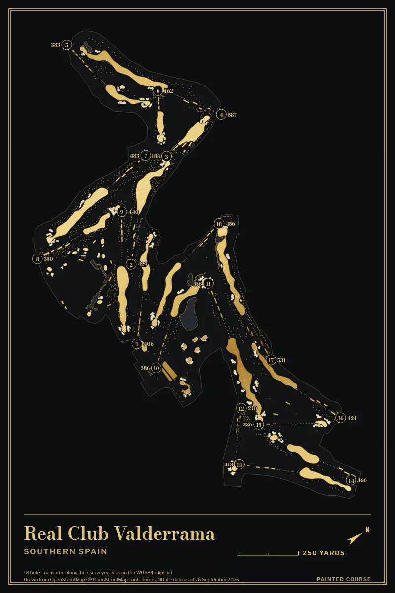 Real Club Valderrama, Southern Spain, Spain, drawn in the Gilt style from its OpenStreetMap survey: 18 holes, each numbered at its tee with its measured yards beside it.