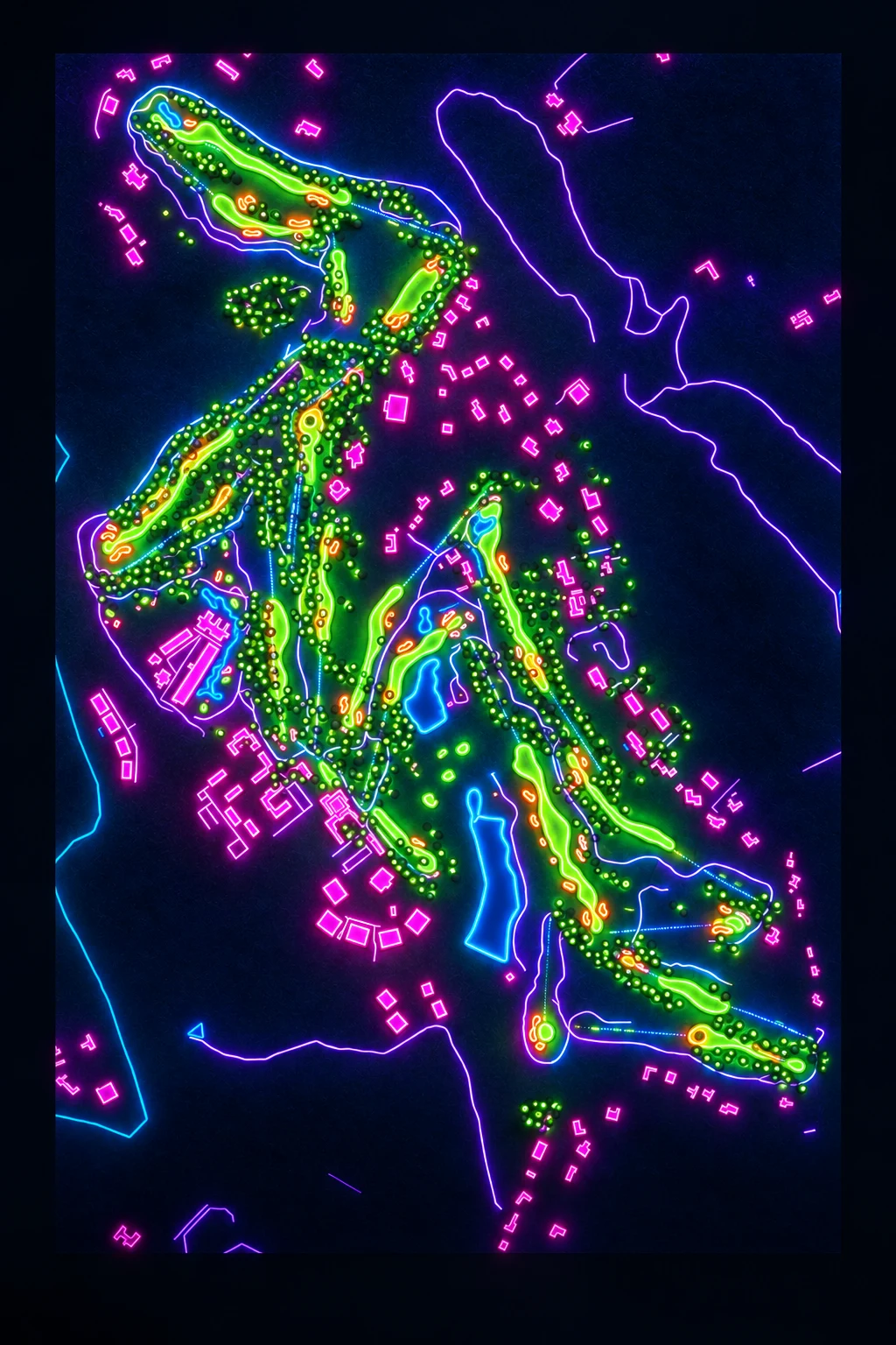 Real Club Valderrama, Southern Spain, Spain, seen from above and painted in the Neon manner: the routing of its 18 holes, its greens and its bunkers, in paint.