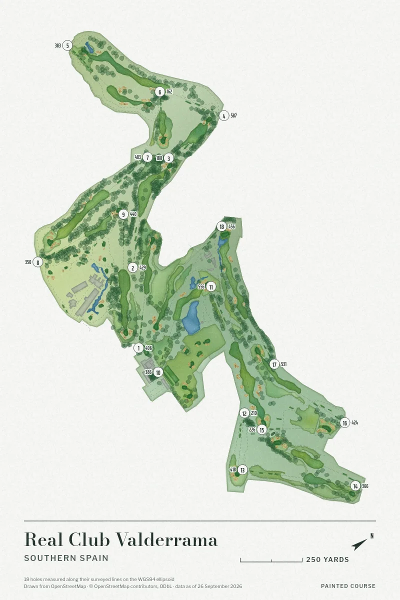 Real Club Valderrama, Southern Spain, Spain, drawn in the Watercolour style from its OpenStreetMap survey: 18 holes, each numbered at its tee with its measured yards beside it.