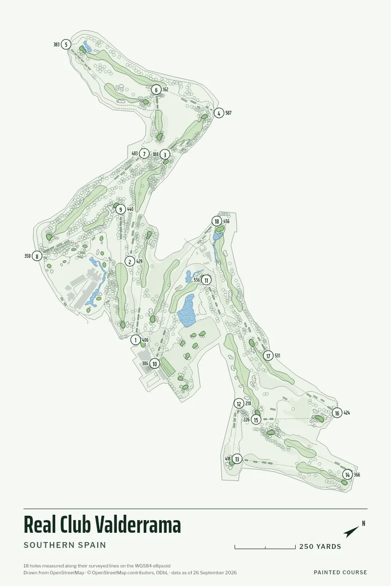 Real Club Valderrama, Southern Spain, Spain, drawn in the Yardage style from its OpenStreetMap survey: 18 holes, each numbered at its tee with its measured yards beside it.