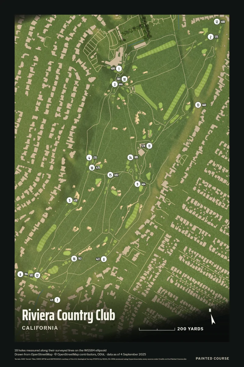 Riviera Country Club, California, USA, drawn in the Aerial style from its OpenStreetMap survey: 18 holes, each numbered at its tee with its measured yards beside it.