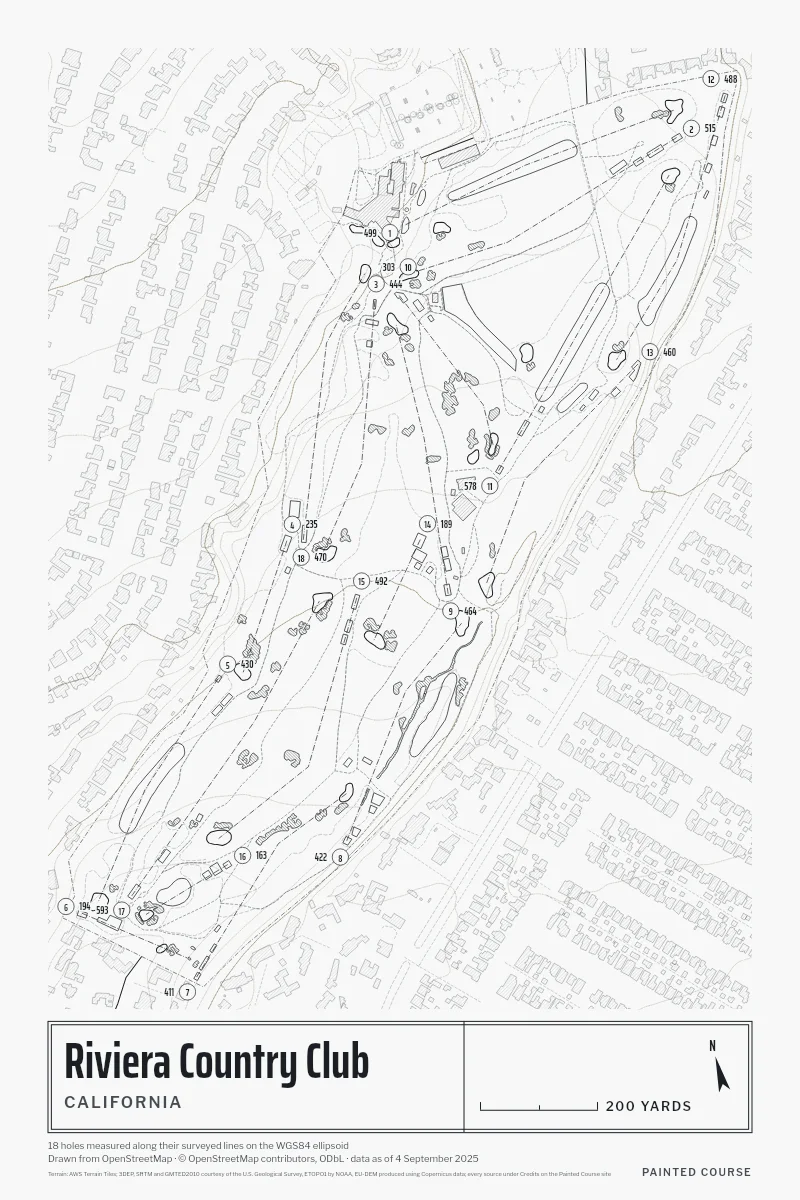 Riviera Country Club, California, USA, drawn in the Architect style from its OpenStreetMap survey: 18 holes, each numbered at its tee with its measured yards beside it.