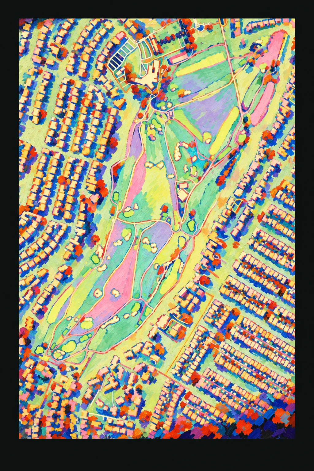 Riviera Country Club, California, USA, seen from above and painted in the Fauve manner after the Fauves of 1905: the routing of its 18 holes, its greens and its bunkers, in paint.
