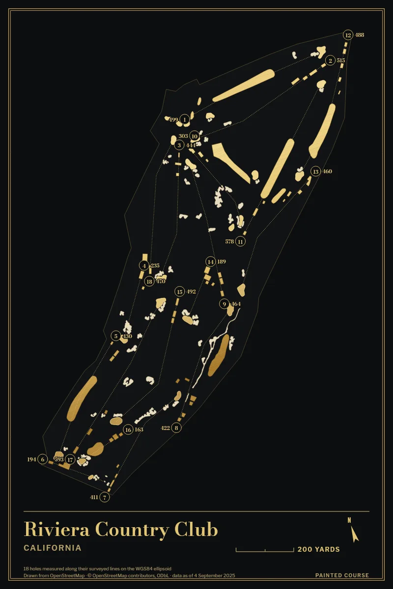 Riviera Country Club, California, USA, drawn in the Gilt style from its OpenStreetMap survey: 18 holes, each numbered at its tee with its measured yards beside it.