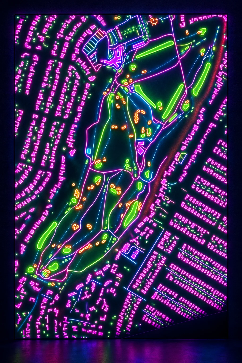 Riviera Country Club, California, USA, seen from above and painted in the Neon manner: the routing of its 18 holes, its greens and its bunkers, in paint.
