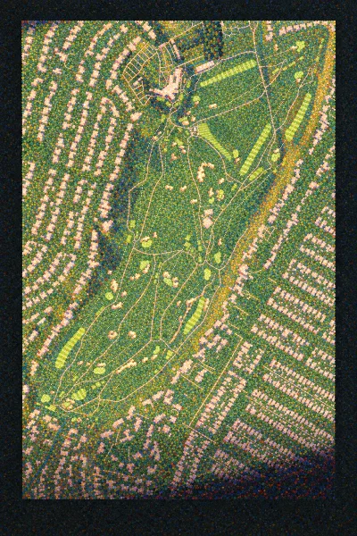 Riviera Country Club, California, USA, drawn in the Gilt style from its OpenStreetMap survey: 18 holes, each numbered at its tee with its measured yards beside it.