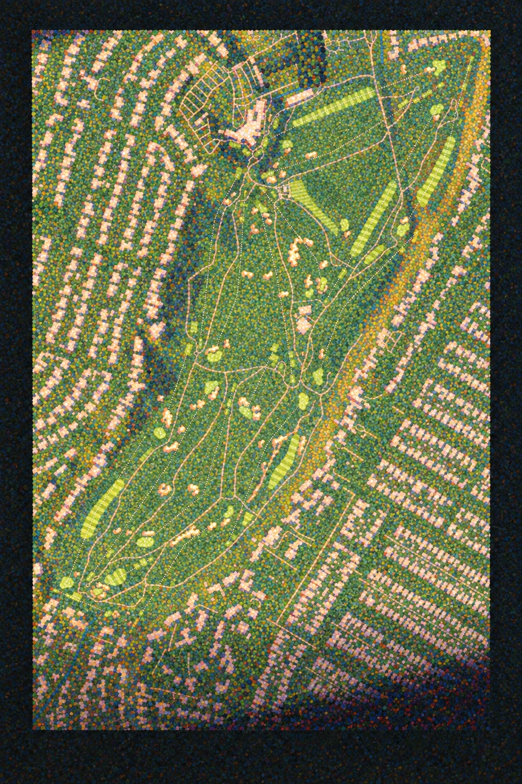 Riviera Country Club, California, USA, seen from above and painted in the Pointillist manner after Georges Seurat: the routing of its 18 holes, its greens and its bunkers, in paint.
