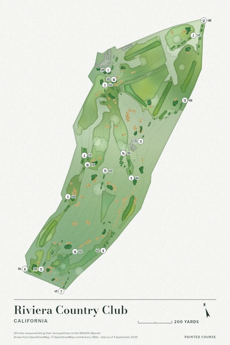 Riviera Country Club, California, USA, drawn in the Watercolour style from its OpenStreetMap survey: 18 holes, each numbered at its tee with its measured yards beside it.