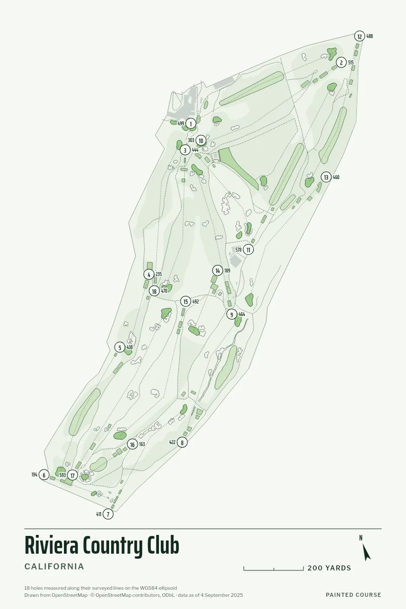 Riviera Country Club, California, USA, drawn in the Yardage style from its OpenStreetMap survey: 18 holes, each numbered at its tee with its measured yards beside it.