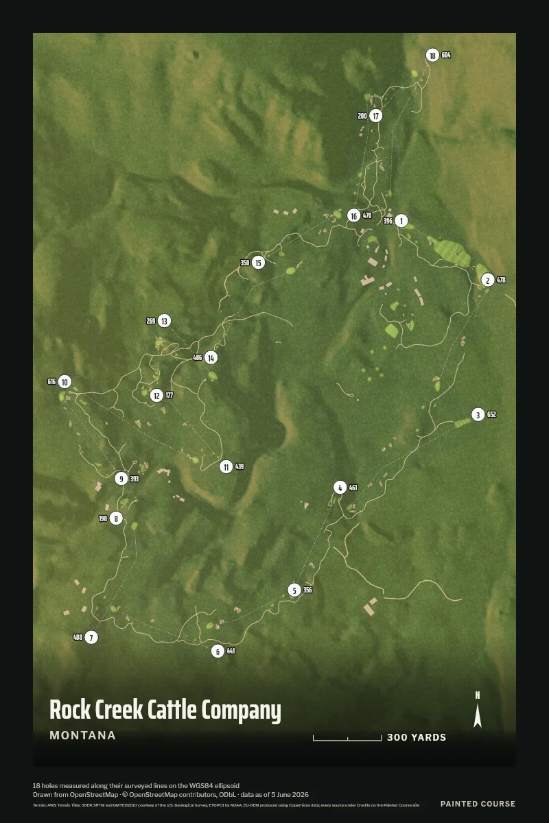 Rock Creek Cattle Company, Montana, USA, drawn in the Aerial style from its OpenStreetMap survey: 18 holes, each numbered at its tee with its measured yards beside it.