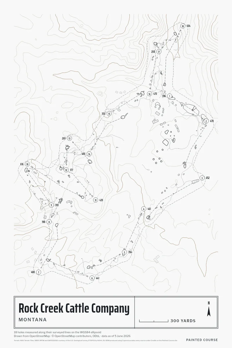 Rock Creek Cattle Company, Montana, USA, drawn in the Architect style from its OpenStreetMap survey: 18 holes, each numbered at its tee with its measured yards beside it.