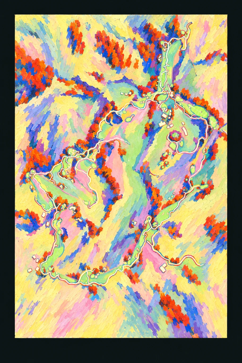 Rock Creek Cattle Company, Montana, USA, seen from above and painted in the Fauve manner after the Fauves of 1905: the routing of its 18 holes, its greens and its bunkers, in paint.