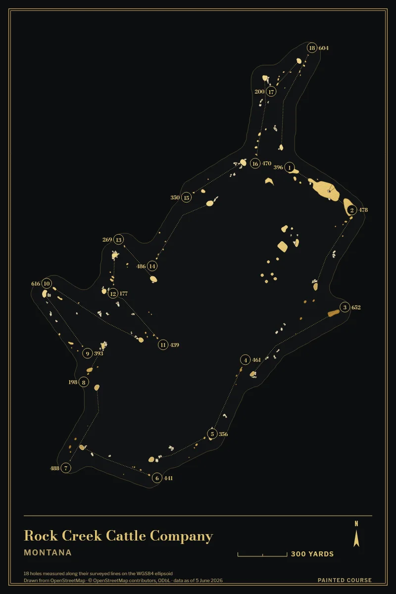 Rock Creek Cattle Company, Montana, USA, drawn in the Gilt style from its OpenStreetMap survey: 18 holes, each numbered at its tee with its measured yards beside it.