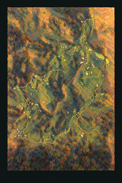 Rock Creek Cattle Company, Montana, USA, drawn in the Gilt style from its OpenStreetMap survey: 18 holes, each numbered at its tee with its measured yards beside it.