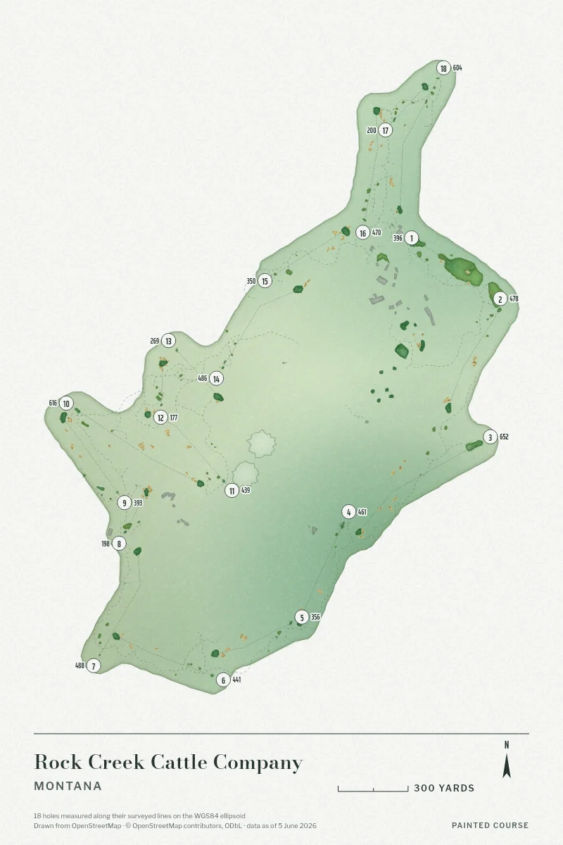Rock Creek Cattle Company, Montana, USA, drawn in the Watercolour style from its OpenStreetMap survey: 18 holes, each numbered at its tee with its measured yards beside it.