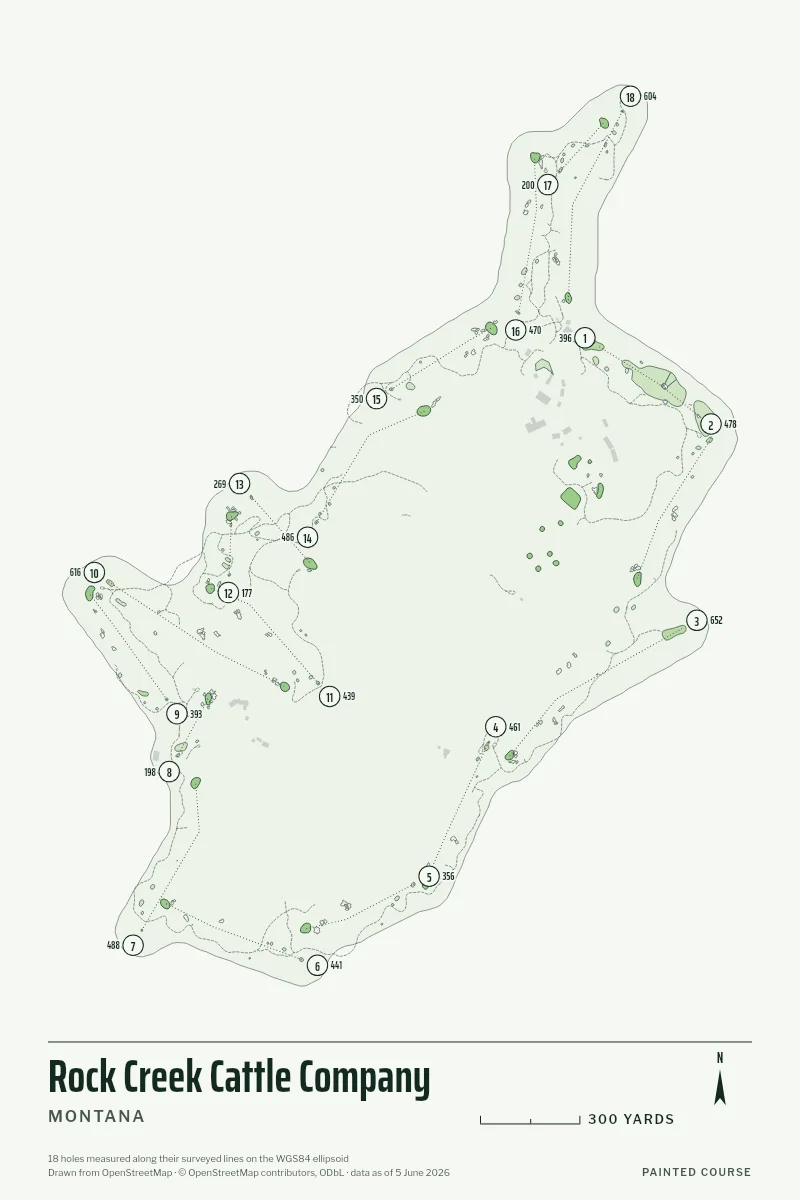Rock Creek Cattle Company, Montana, USA, drawn in the Yardage style from its OpenStreetMap survey: 18 holes, each numbered at its tee with its measured yards beside it.