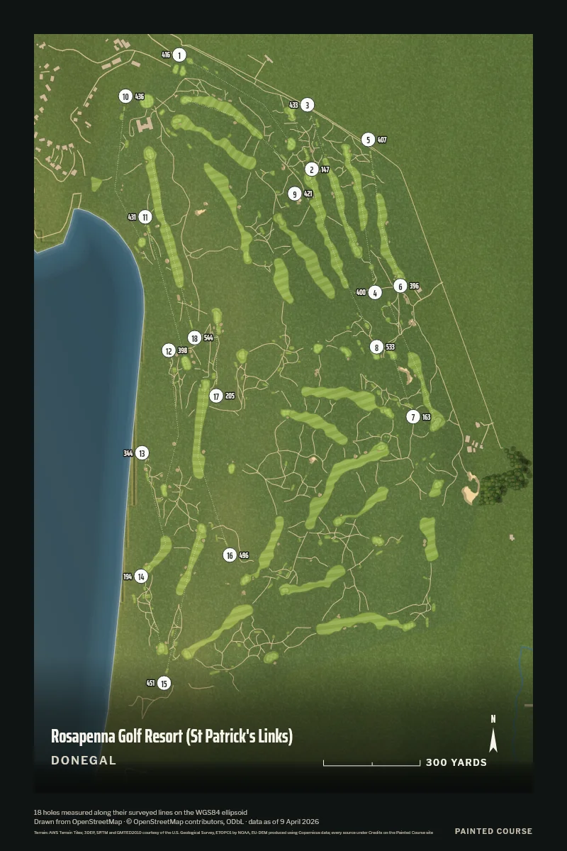 Rosapenna Golf Resort (St Patrick's Links), Donegal, Ireland, drawn in the Aerial style from its OpenStreetMap survey: 18 holes, each numbered at its tee with its measured yards beside it.