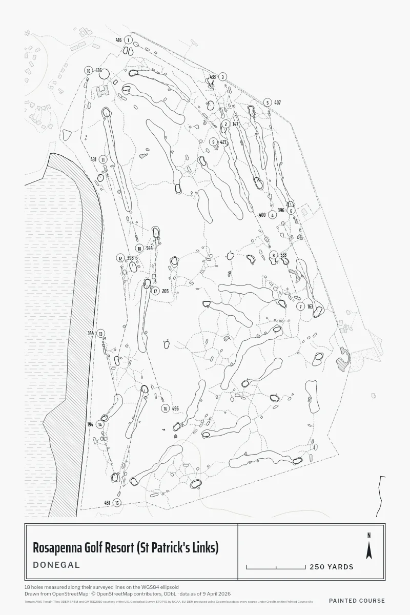 Rosapenna Golf Resort (St Patrick's Links), Donegal, Ireland, drawn in the Architect style from its OpenStreetMap survey: 18 holes, each numbered at its tee with its measured yards beside it.