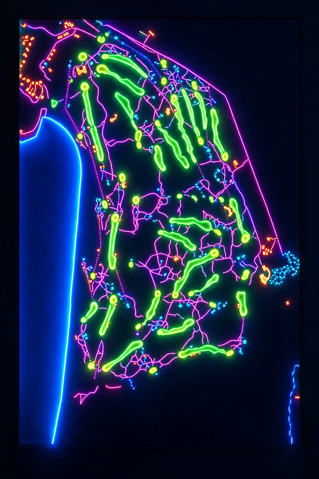 Rosapenna Golf Resort (St Patrick's Links), Donegal, Ireland, seen from above and painted in the Neon manner: the routing of its 18 holes, its greens and its bunkers, in paint.