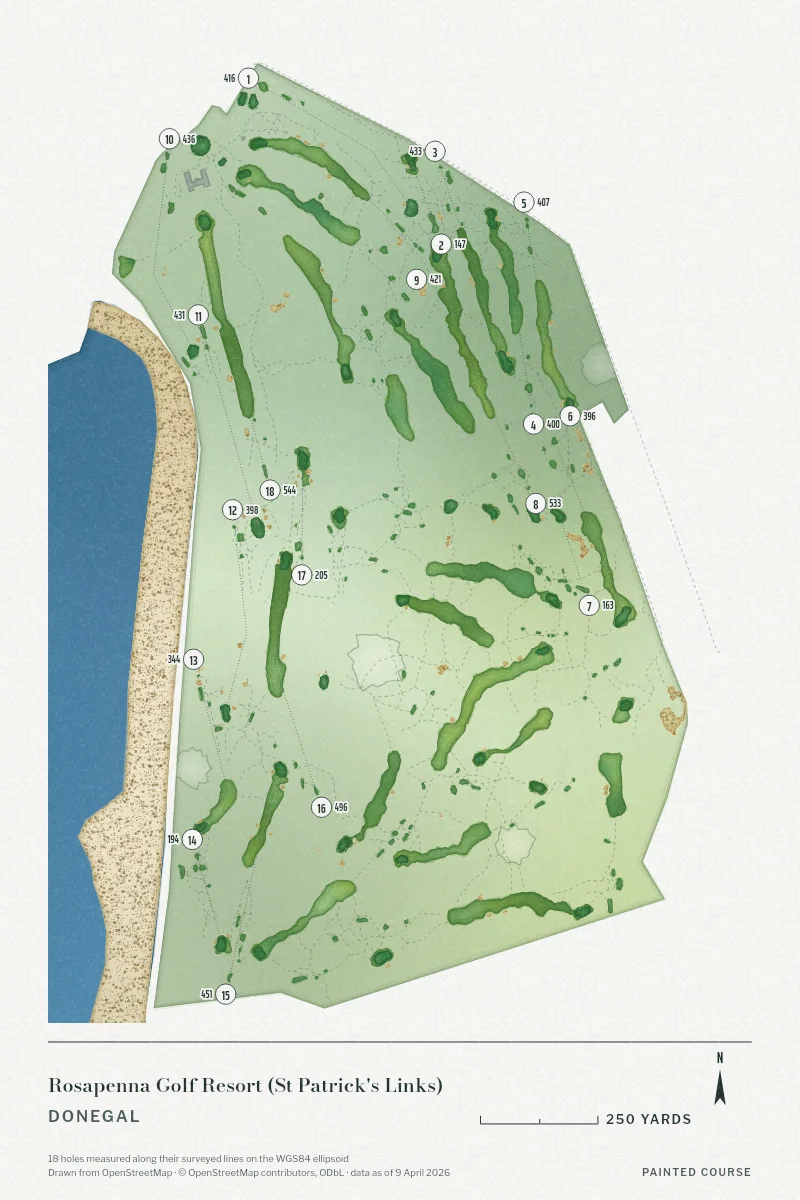 Rosapenna Golf Resort (St Patrick's Links), Donegal, Ireland, drawn in the Watercolour style from its OpenStreetMap survey: 18 holes, each numbered at its tee with its measured yards beside it.