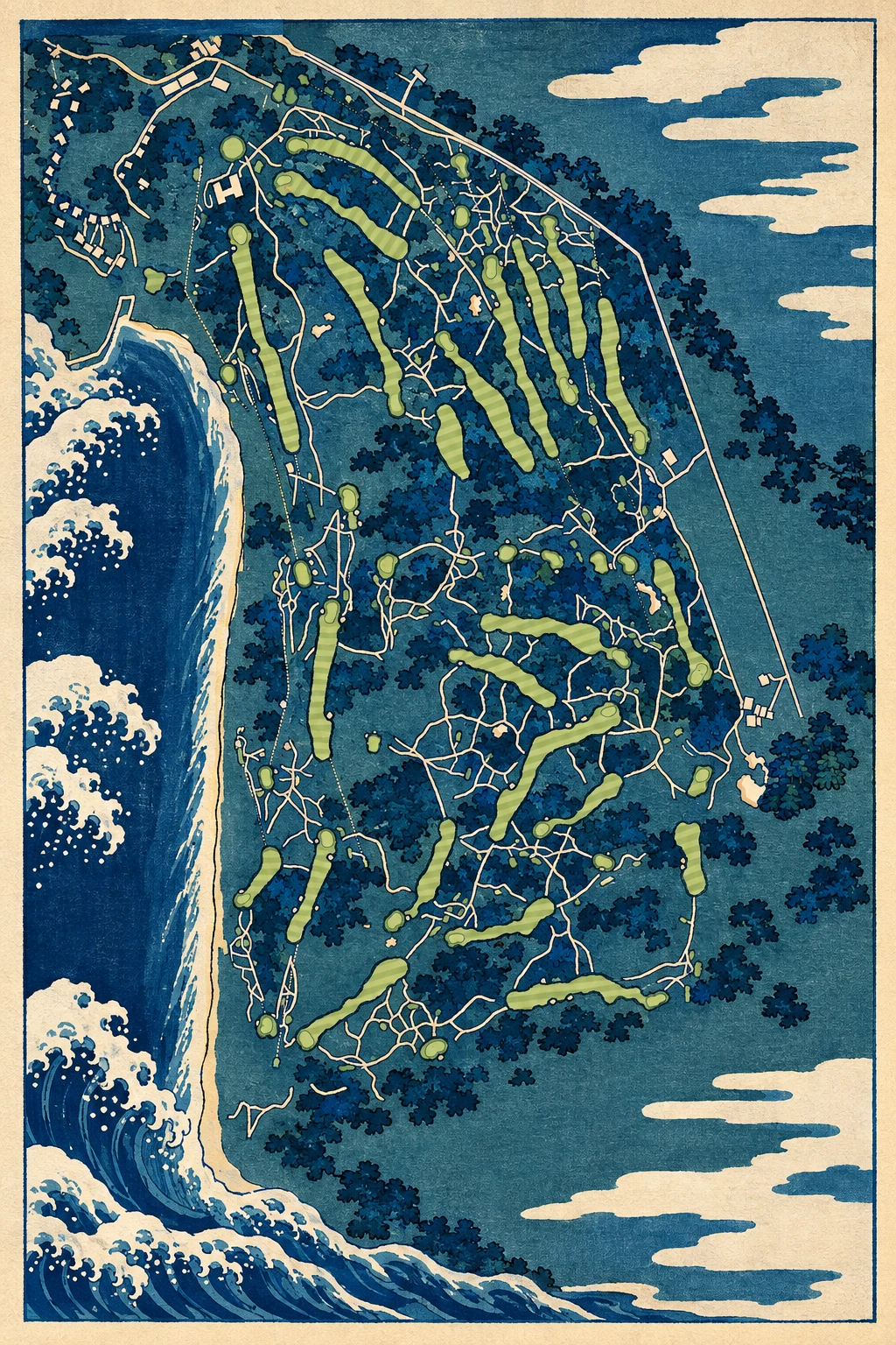 Rosapenna Golf Resort (St Patrick's Links), Donegal, Ireland, seen from above and painted in the Woodblock manner after Katsushika Hokusai: the routing of its 18 holes, its greens and its bunkers, in paint.